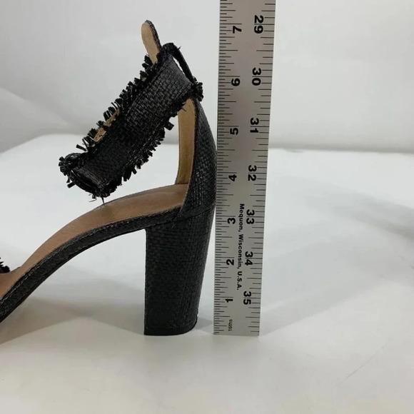All Black Open-toe Raffia Fringe Pompom Block Heels Ankle Strap Sandals Size 7.5 - Picture 13 of 15